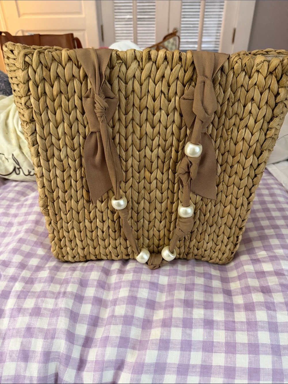 Pamela Munson Woven Straw Tote Bag with Pearl-Embellished Brown Ties